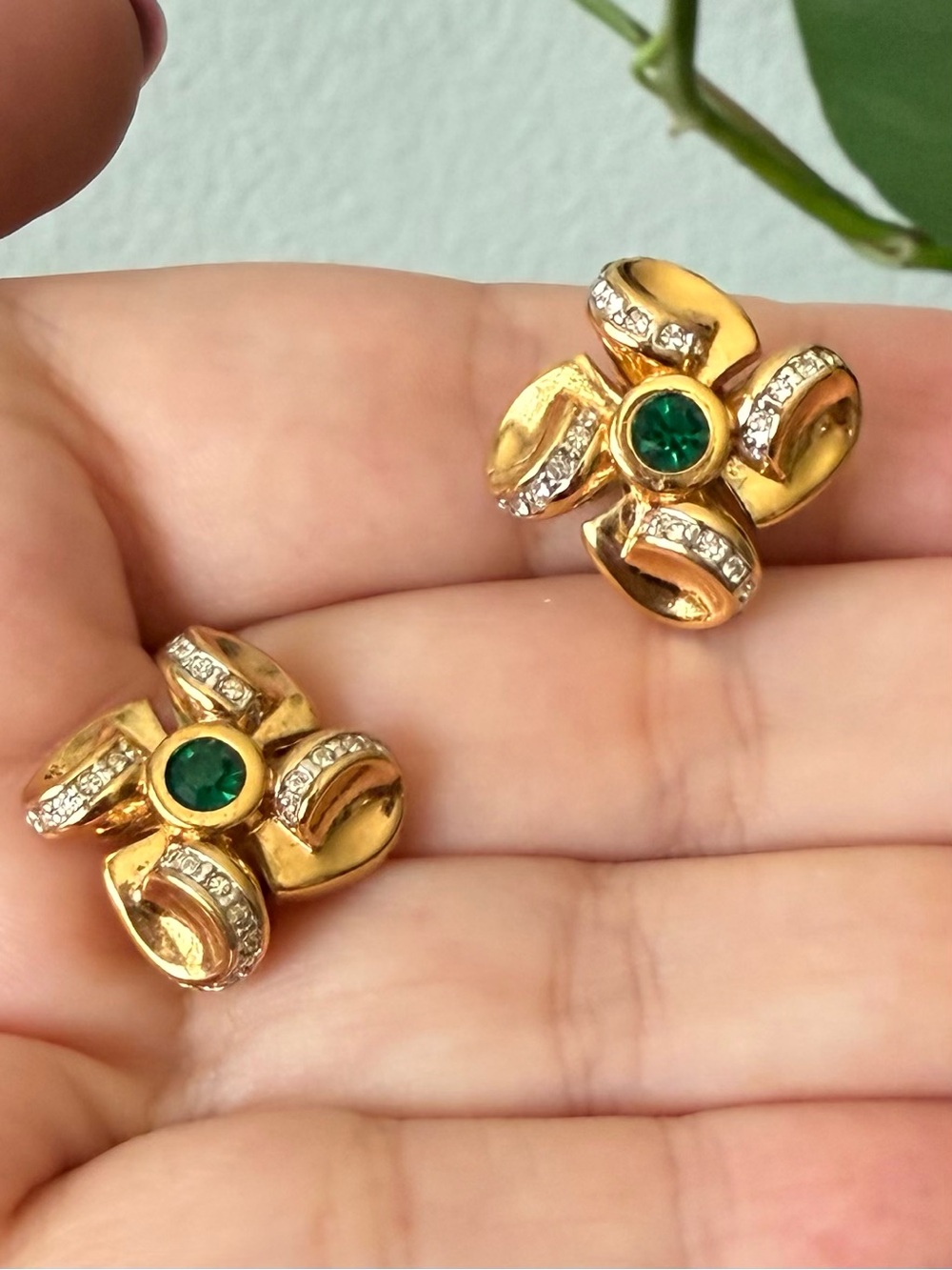 Vintage Nina Ricci Goldtone Emerald and Crystal Clip on Earrings Floral Design